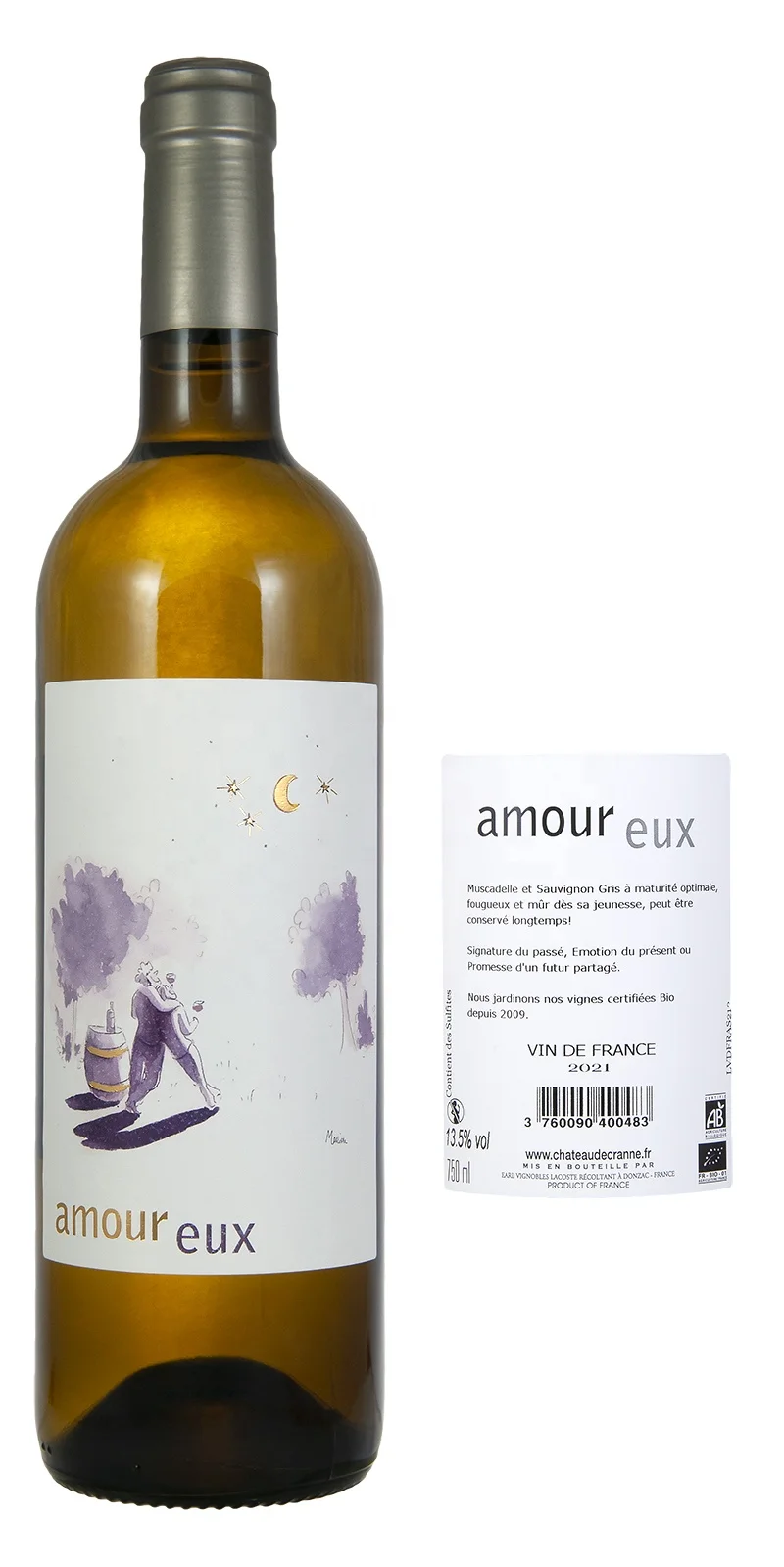 Сертифицированное Франция органическое белое вино Amoureux VDF Bio grade 12.5% alc 750 мл Semillon & Sauvignon Виноградная золотая медаль выбор