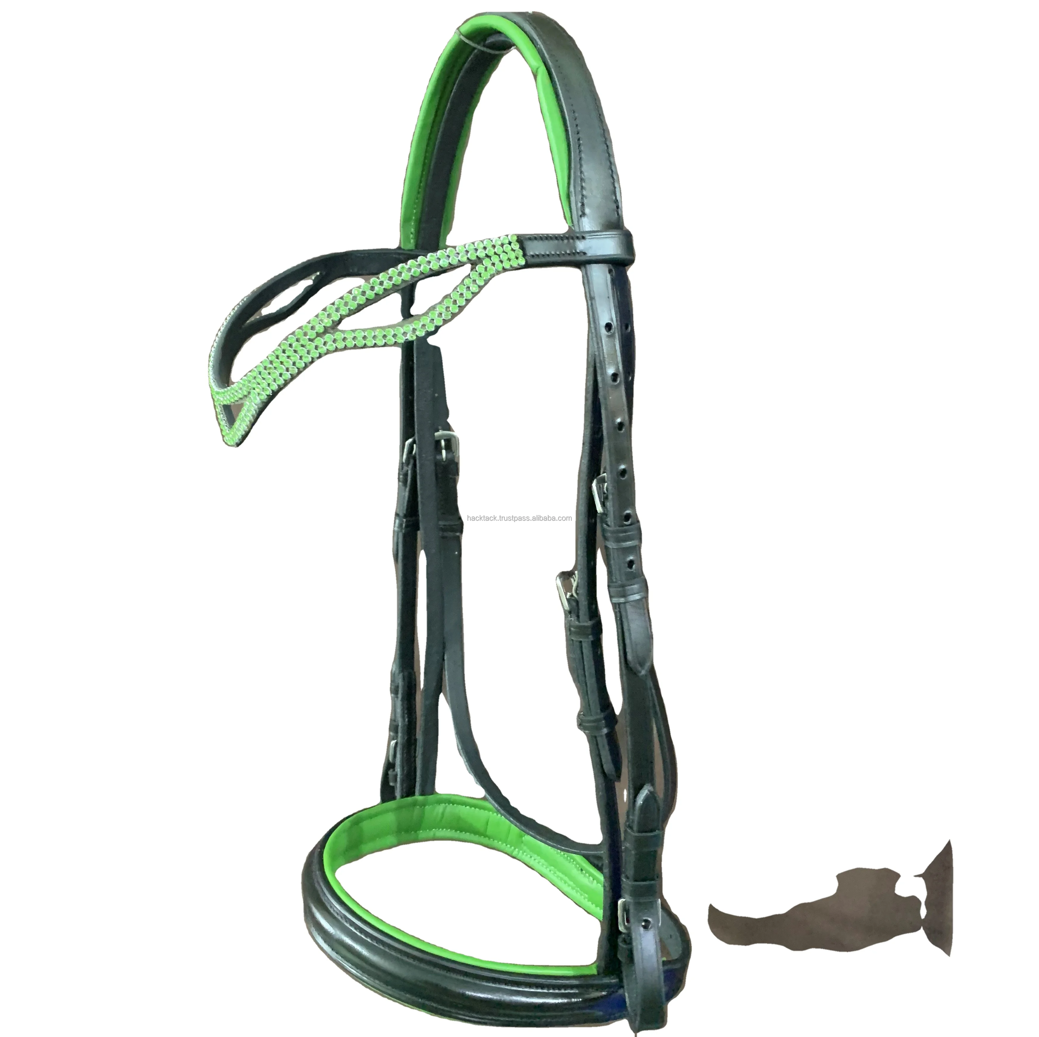 Green Crystal Horse Bridle With Green Padded Nose Band And Brow Band