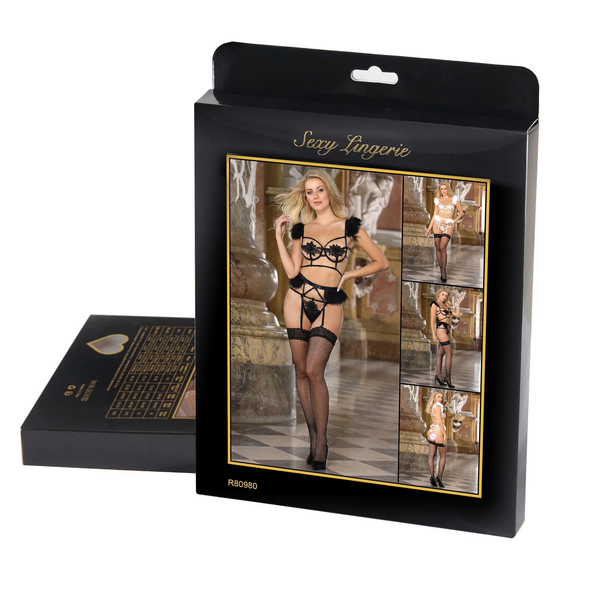 Free Paper Box Fur Black Erotic Lingerie Lace Set Lingerie Women Underwear  Sexy Bra and Penty