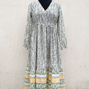 Hand Block Printed Maxi Dress Solid & Floral Pattern V-neck Long Sleeve Indian Tunics Style Long Maxi Dress For Women