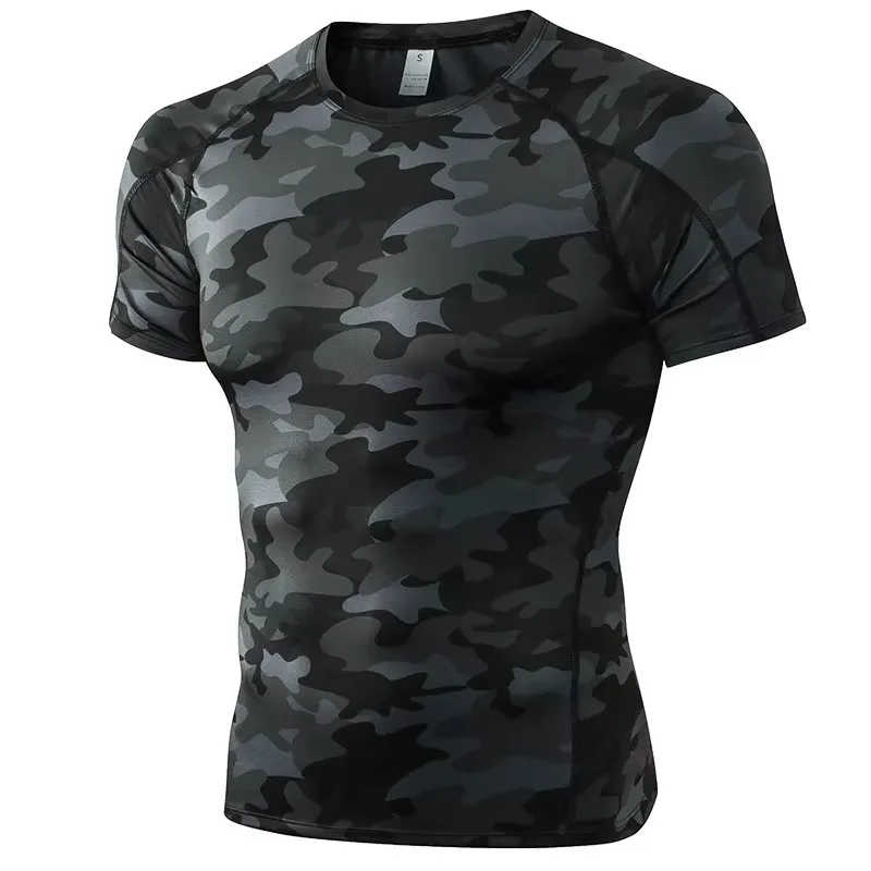 Custom Wholesale Camo Men Short Sleeve Compression Shirt Elastic Quick Dry Sportswear Running Gym Workout Muscle Fitness T Shirt
