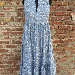 Women Cotton Summer Dress Hand Block Print Cotton Tier Dress Floral Print V-neck Long Maxi Gown For Women