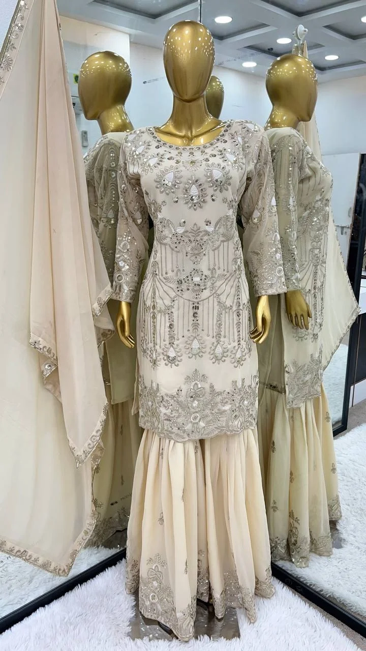 Latest Designer Heavy Georgette Embroidery Party Wear New Fancy Top-Dupatta Fully Stitched Gharara Salwar Fashion Style Kurti