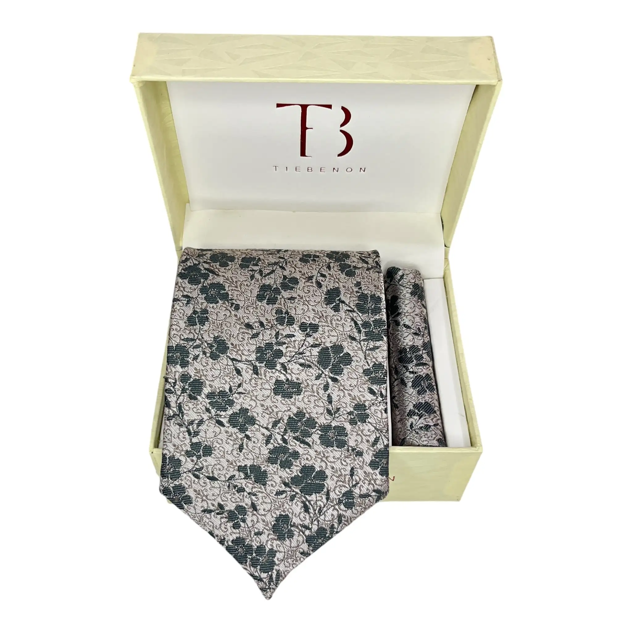 Tie Benon Floral Broad Cashmere Clothing Accessories Combo Tie and Pocket Square in Maroon/Silver/Dark Grey