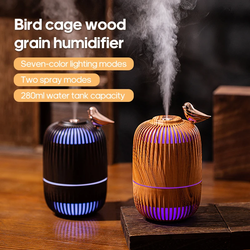 Hollow Bird Cage Air Humidifier Purifier 280ML Electric Ultrasonic Diffuse Wooden Bedroom Humificador With Night Light