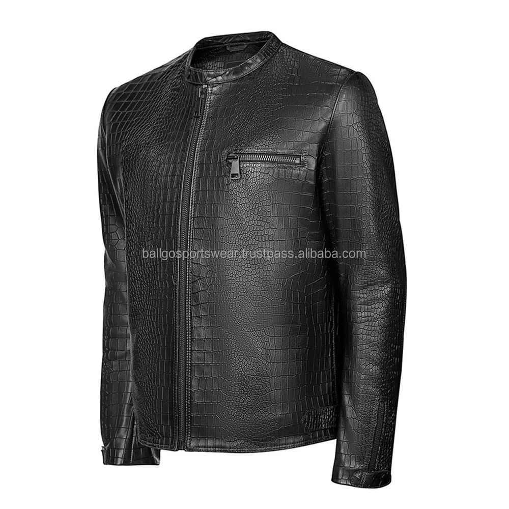 Men's Black Leather Biker Jacket With Alligator Embossed Croc Print