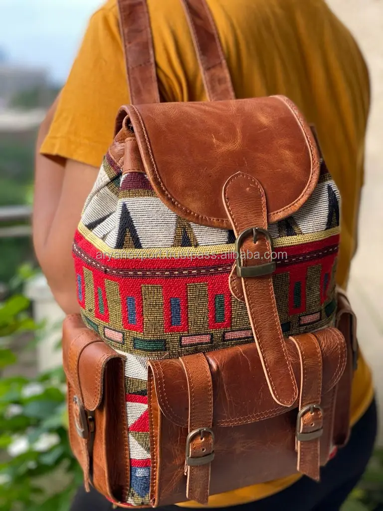 New Western Boho Style Vintage Handmade Jacquard Leather Drawstring  Backpacks Hand Stitch Klim Genuine Leather Indian Style Bags