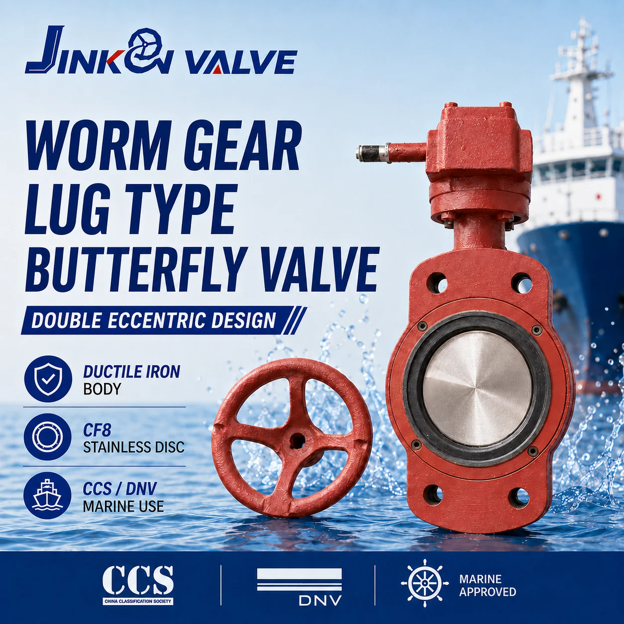 JINKON VALVE Worm Gear Lug Double Eccentric Marine Butterfly Valve Al Bronze Disc PN10 PN16 DNV CCS Certified