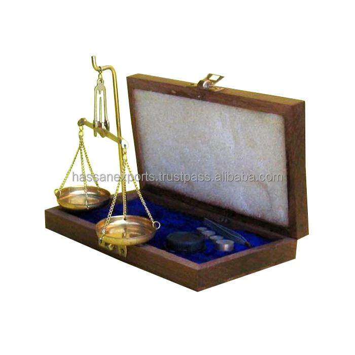 Solid Brass / Wood Small Weighing Scale With Some Weights Great