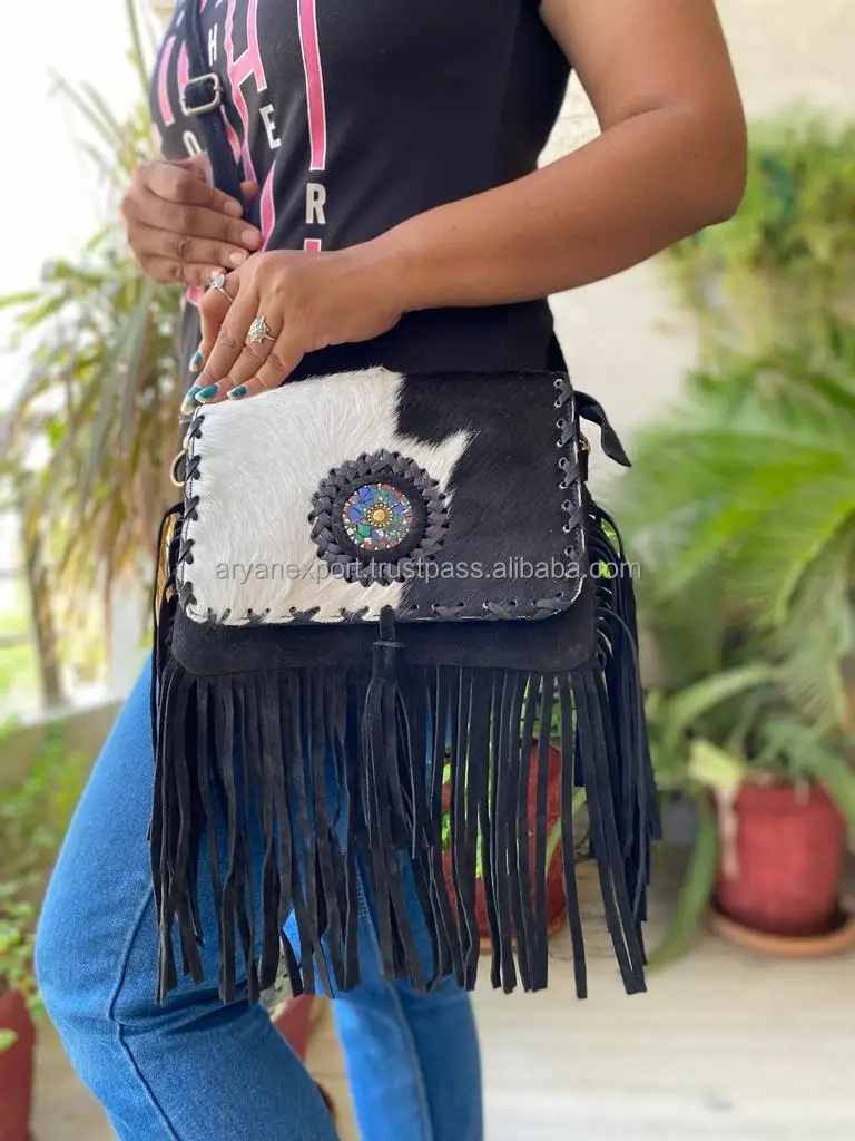 Source New Western Style Hair On Hide Fur Suede Leather Fringe Bag High  Quality Boho Women Leather Shoulder Bag With Turquoise Stone on  m.