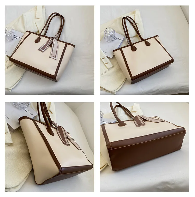 Fashion Retro Solid Color PU Zipper Waterproof Portable Tote Bag Women's 2025 Spring New Large Capacity All Seasons