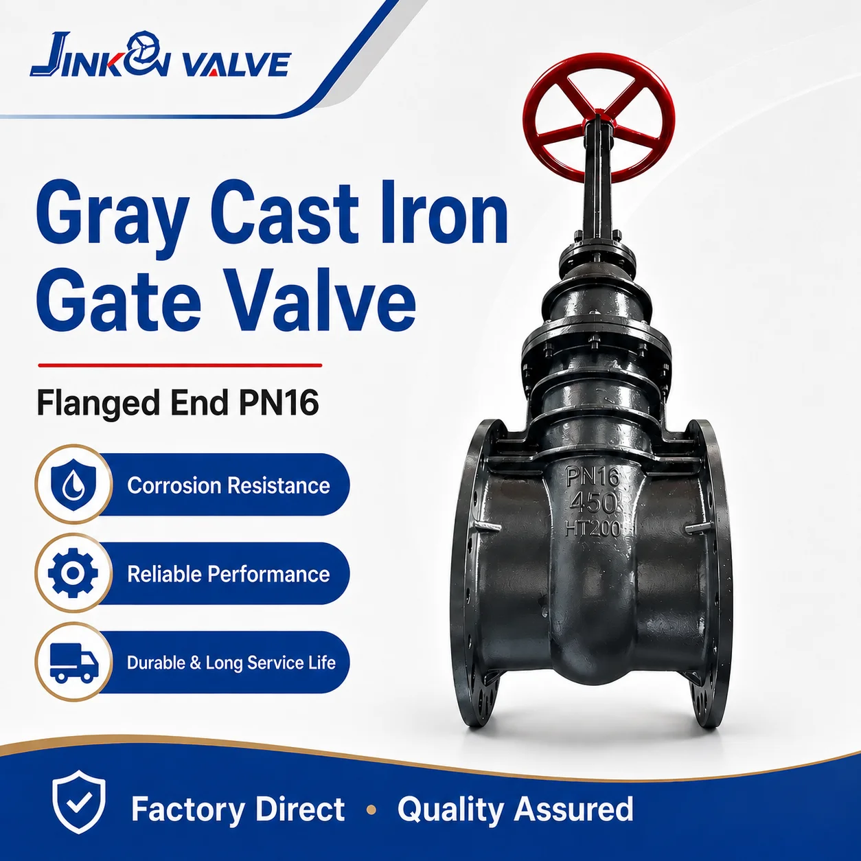 JINKON VALVE Factory Direct DN450 PN16 Flanged Rising Stem Manual Water Sewage Industrial Pipeline Gray Cast Iron Gate Valve