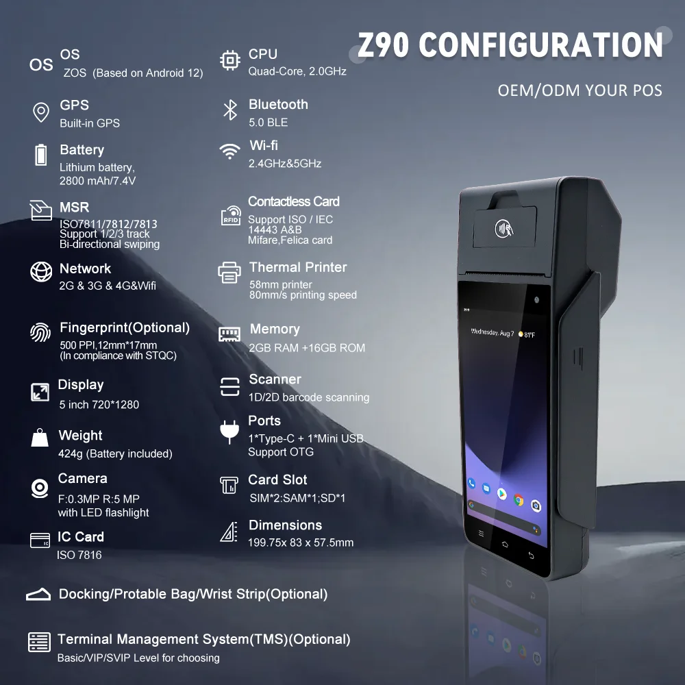 ZCS Z90 Android 12.0 Handheld POS EDC Card Swipe Machine with 58mm