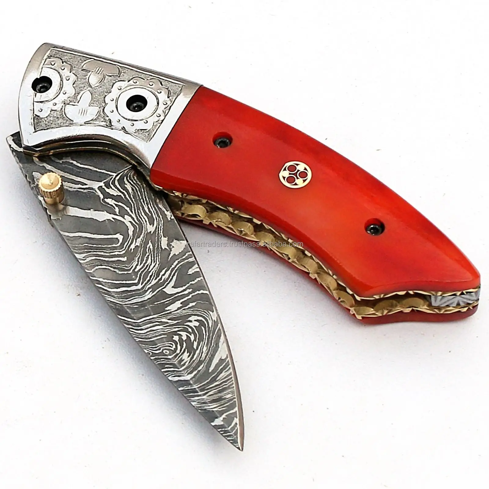 Red Custom Knives ZR ZT-F14 Industrial Grade Damascus Custom Handmade Folding Knife Red ...