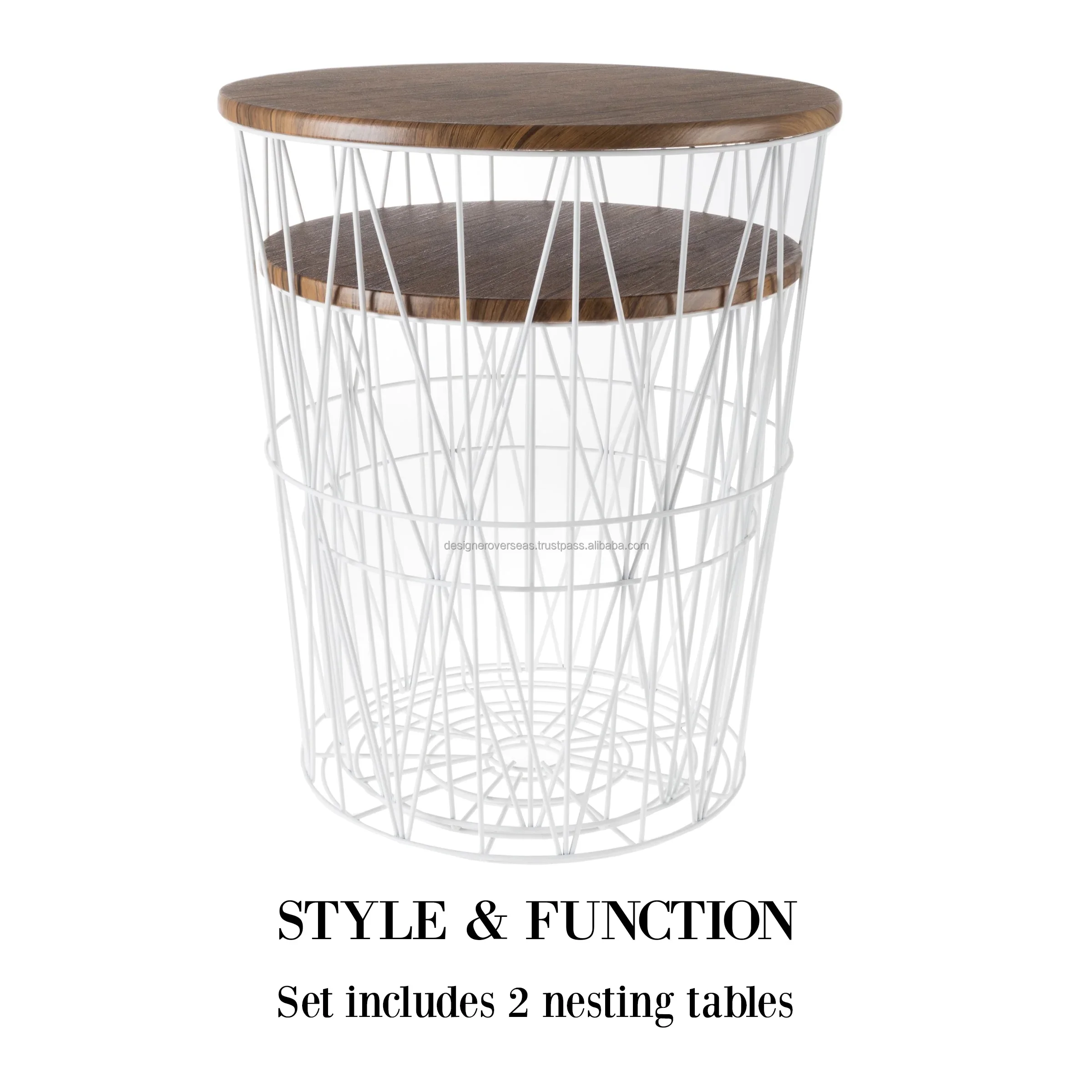 Crisscross Metal Framework Base with MDF Wood Tops Nesting End Tables with Additional Storage Set of 2 For Living Room Furniture