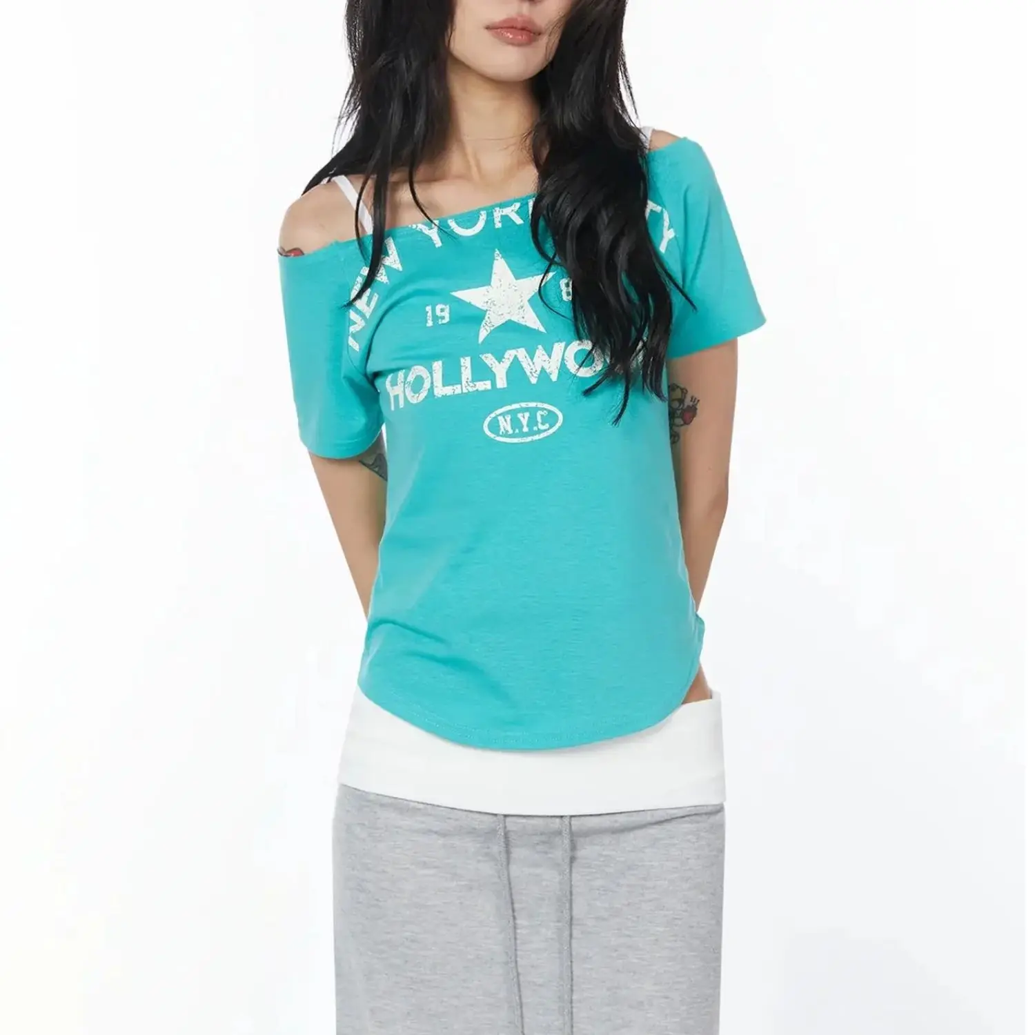 Womens Teal Blue 2 In 1 Layered Off Shoulder T Shirt Graphic Print Short Sleeve Cami Underlay Y2K Streetwear Casual Vintage Tops