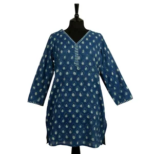 SALE Long KURTA TOP Style 2 Denim Blue with White Motif 100% Lightweight V-neck Long Sleeve Top For Women Gift For Her