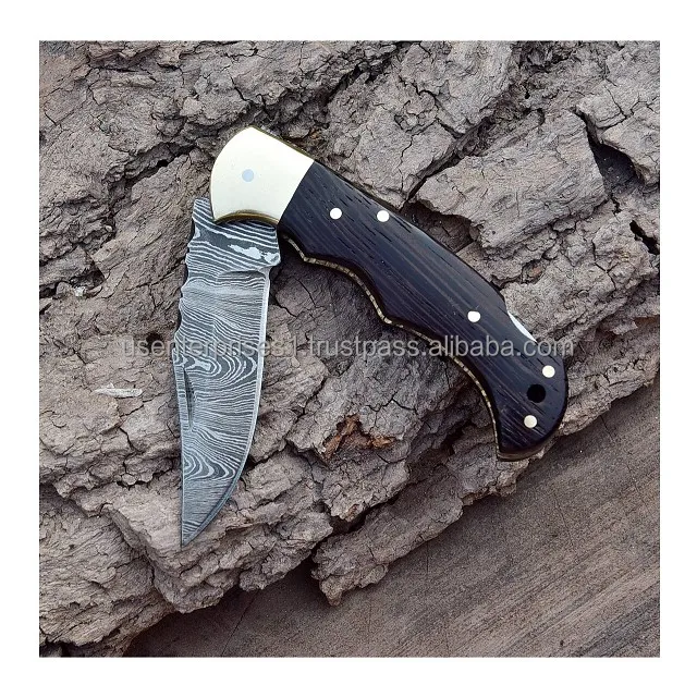 Custom Handmade Damascus Steel Pocket Knife With Wangi Wood Handle And Fine Leather Sheath,Gift