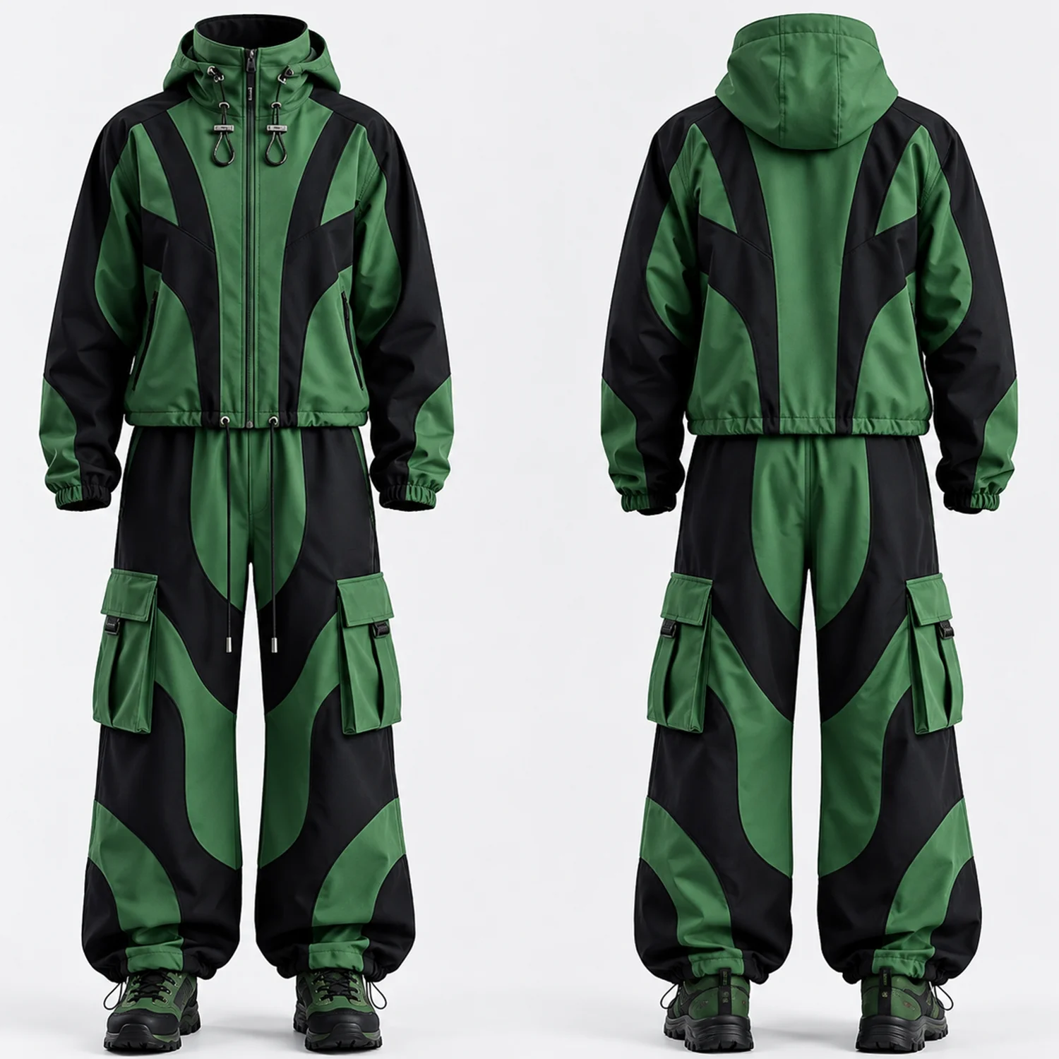Custom Green & Black Color Block Hooded Tracksuit with Zipper Jacket and Cargo Jogger Pants Two Piece Unisex Outfit Set