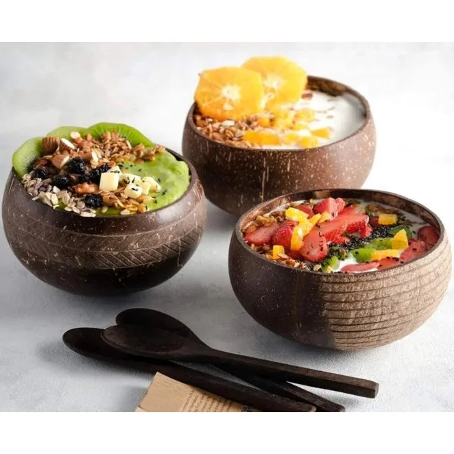 Newly Carved Ecofriendly Organic Coconut Shell Salad Bowl Wooden