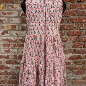 Women Cotton Summer Dress Hand Block Print Cotton Tier Dress Mandarin Collar Sleeveless Floral Print Casual Long Maxi Gown