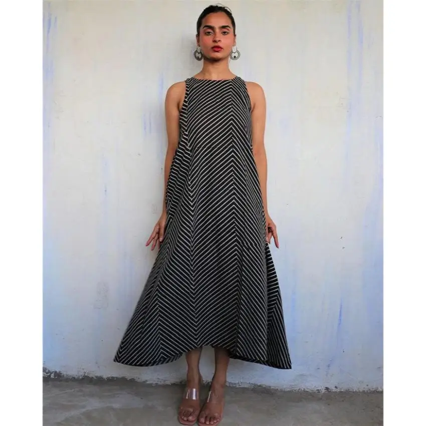 Women Black White Striped Maxi Dress Sleeveless A Line Casual Summer Long  Dress