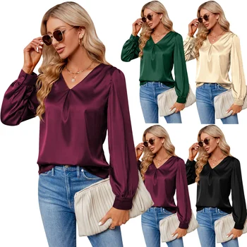 Explosive color Ding shirt female satin silk long sleeve shirt new European and American foreign trade women's wear