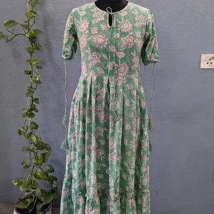 Indian Cotton Block Print Dress Long Gown Maxi Dress Sustainable Mandarin Collar Puff Sleeve Partywear Long Maxi Dress For Women