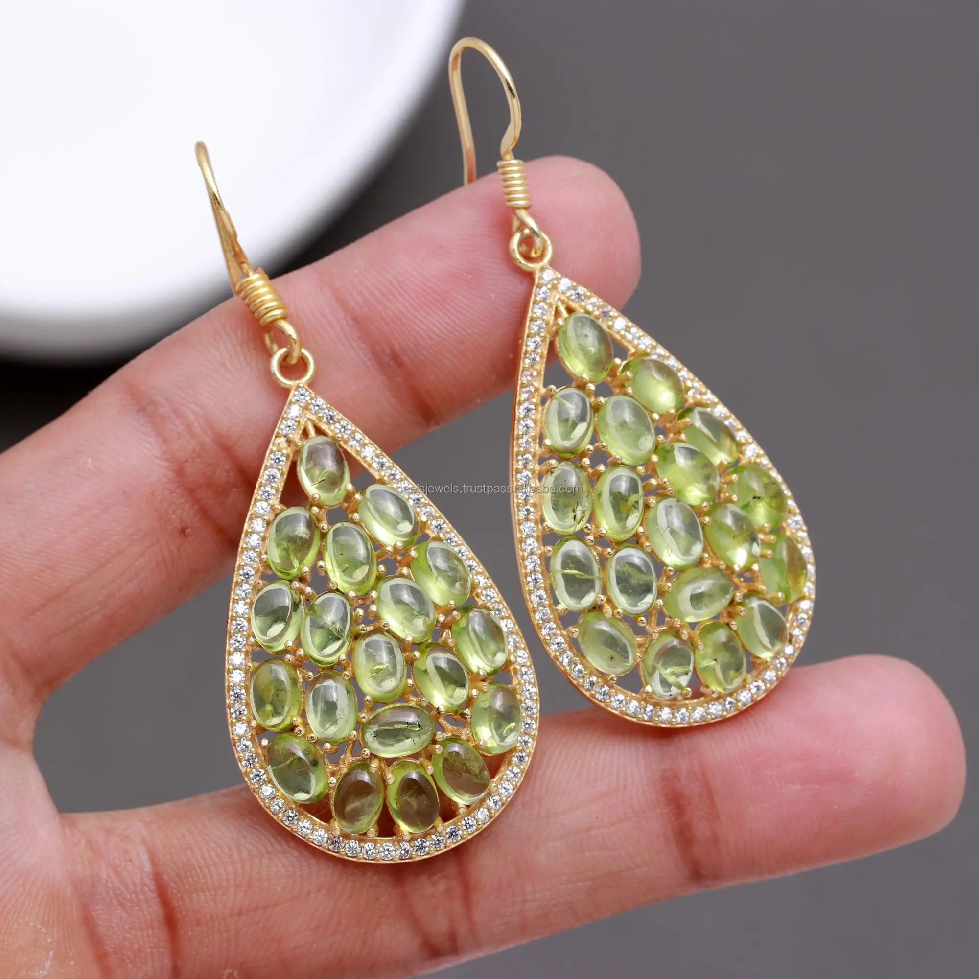 Source Green Amethyst Earrings 6X4MM Oval Cabochon Handmade Gold