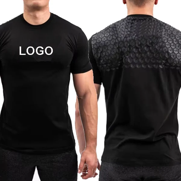 Custom Printing Stretch Breathable Grip Men's Slim Fit T-Shirts 90% Cotton 10% Spandex Sporty Gym Wear in Black Spring Season