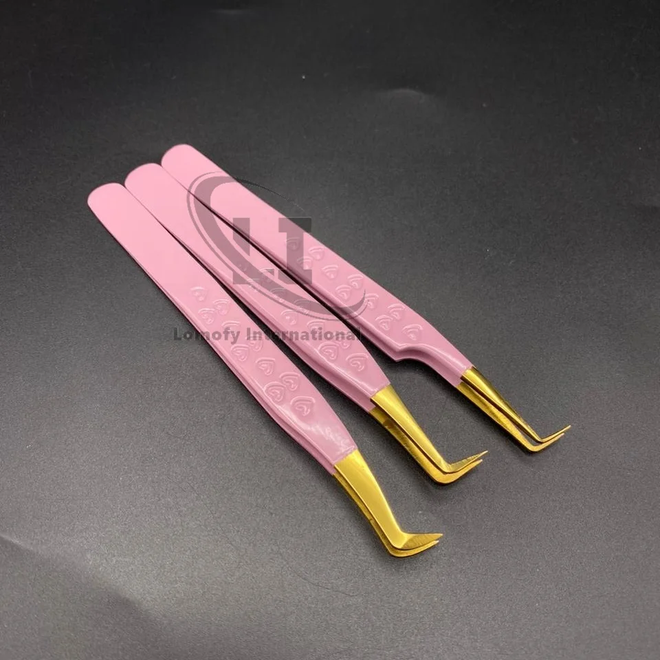 Pink Powder Coated With Gold Tip Stainless Steel Eyelash Extension