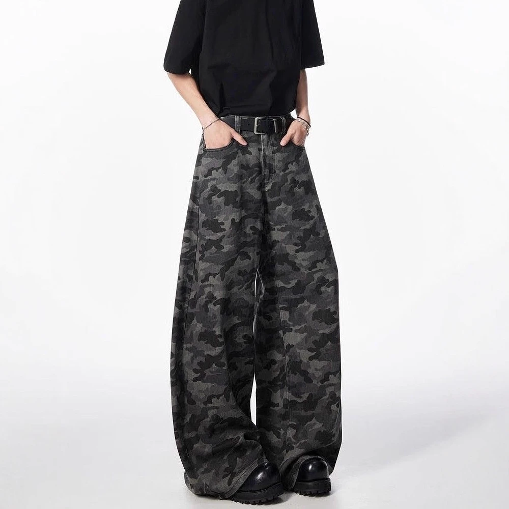 Glory Vintage Hip Hop Camouflage Patchwork Jeans Woolen Fabric Button Detail Mid Waist Casual Pants Spring Summer Autumn