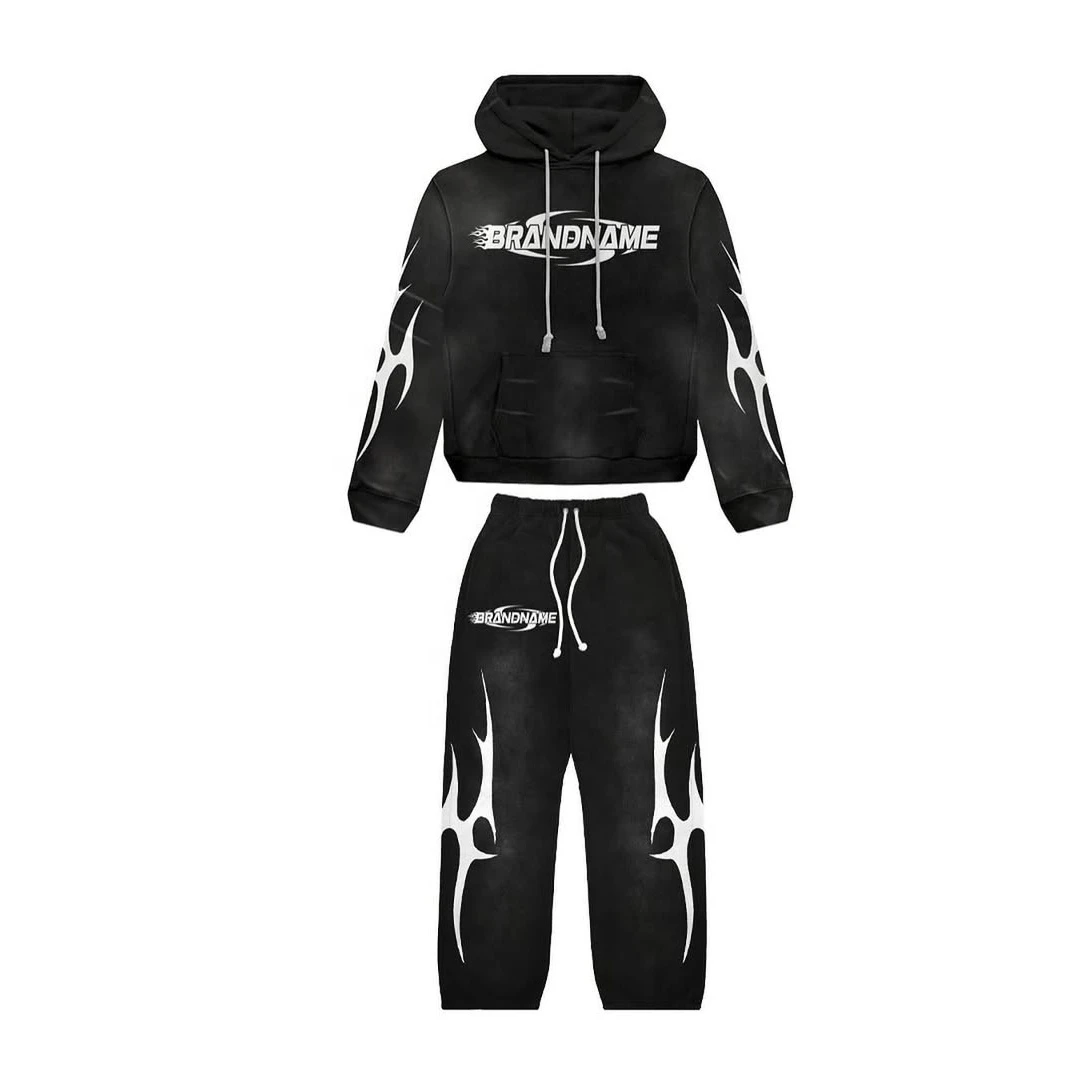 Custom Men’s Luxury Acid-Wash Distressed Tracksuit Heavyweight Knit Hoodie & Flare Baggy Jogger Set Plus Size Winter EcoFriendly