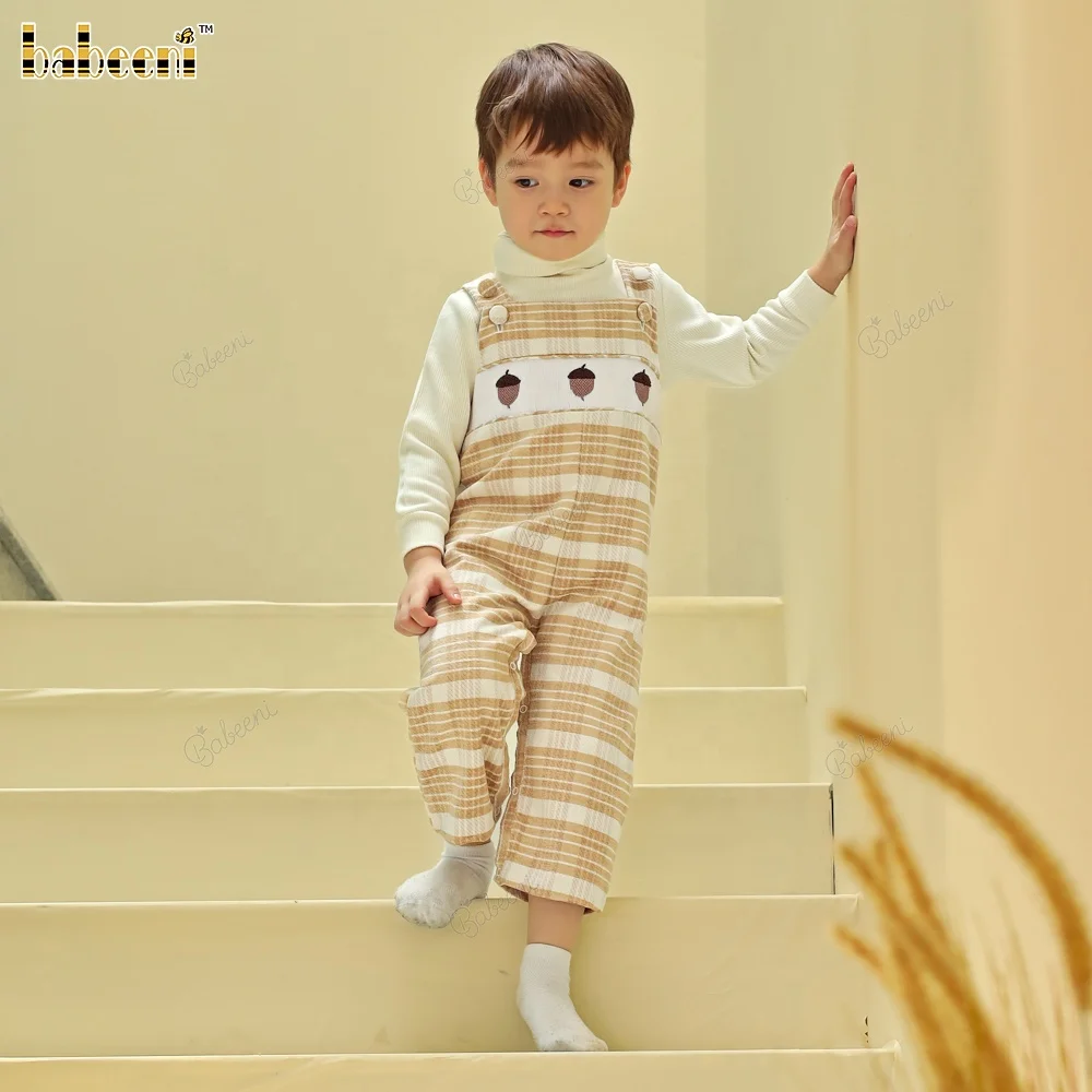 Plaid Wool Longall Boy Set with Smocked Panel and Ribbed Turtleneck ODM OEM boys clothing set wholesale baby romper - BC1340