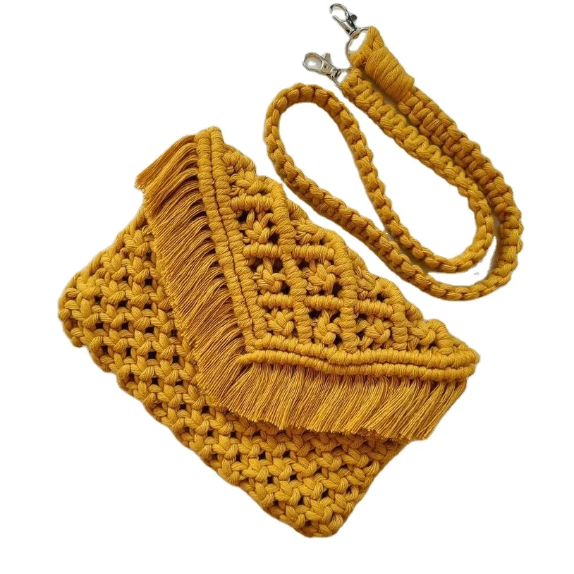 Mustard Color Macrame Clutch Hand Knitted Boho Purse Lady Fashionable Hand Bag with Detachable Sling and Fringes