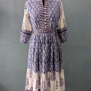 Summer Maxi Midi Dress Hand Block Printed Cotton Floral Print Woven Breathable And Ec-Friendly Long Sleeve V-neck Maxi Dress