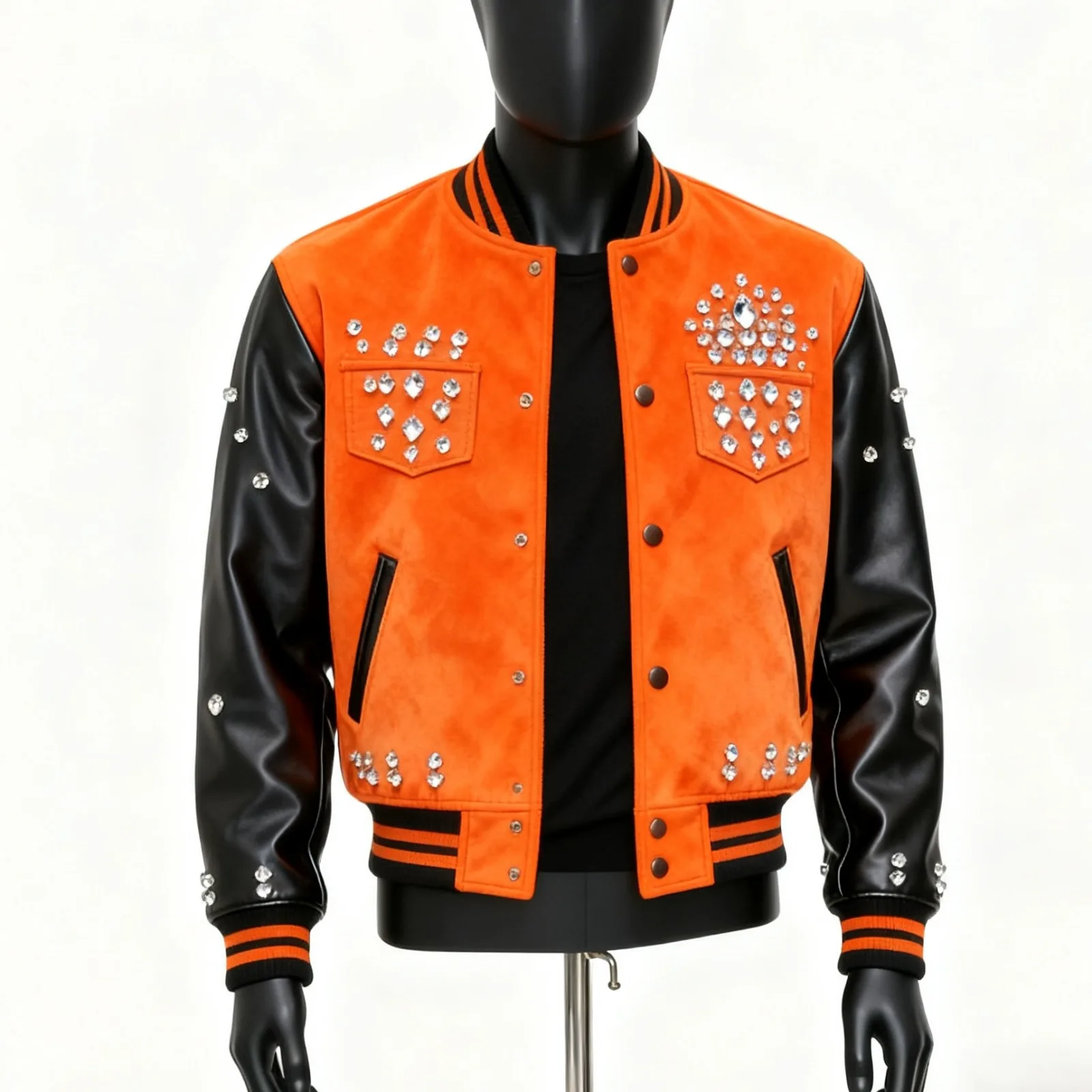 Custom Orange and Black Varsity Jacket for Men Rhinestone Studded Letterman Bomber Baseball Streetwear Coat For Unisex Wear