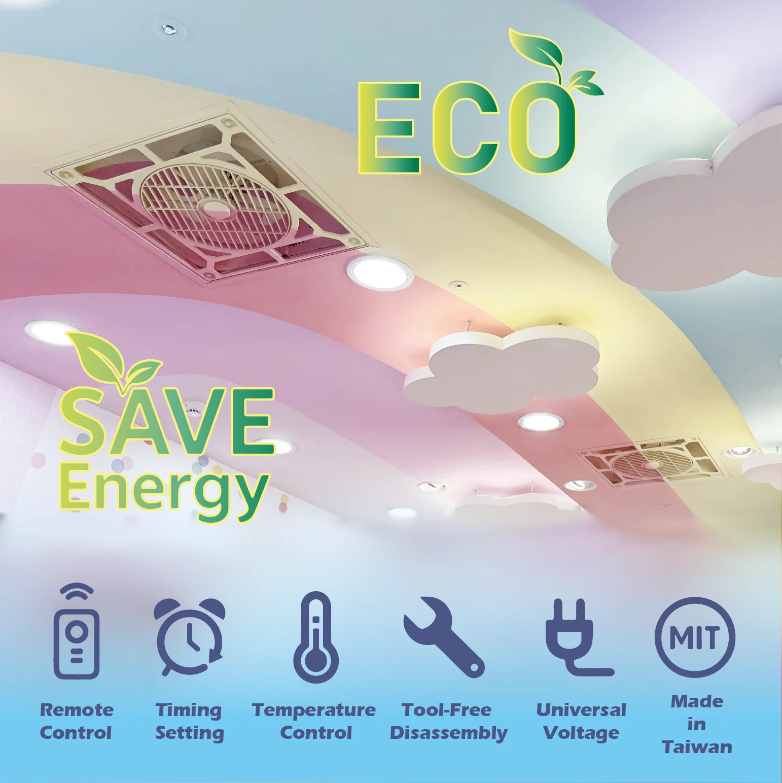 ESG Air Cooling Drop ECO Ceiling Fan with Remote Control Durable Square Plastic Frame for Commercial Offices and Hotel Use