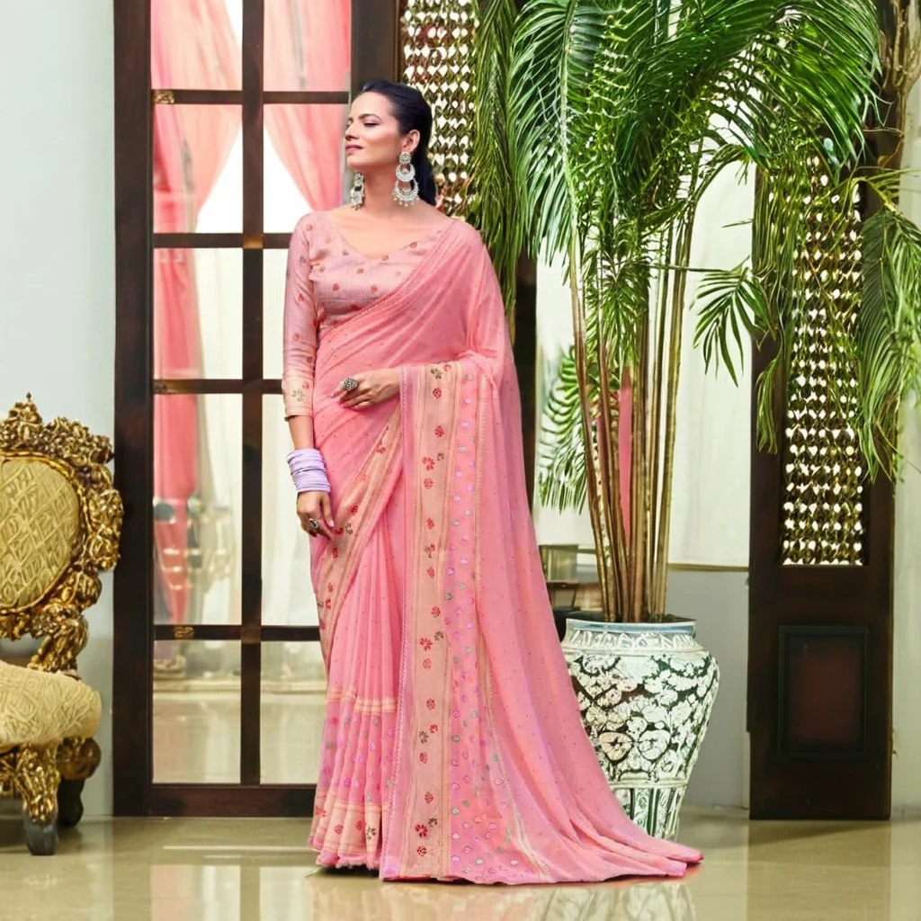 Elegant Premium Georgette Silk Saree with Foil Swarovski Work Pakistani Style Party Dress for Girls with Fancy Blouse
