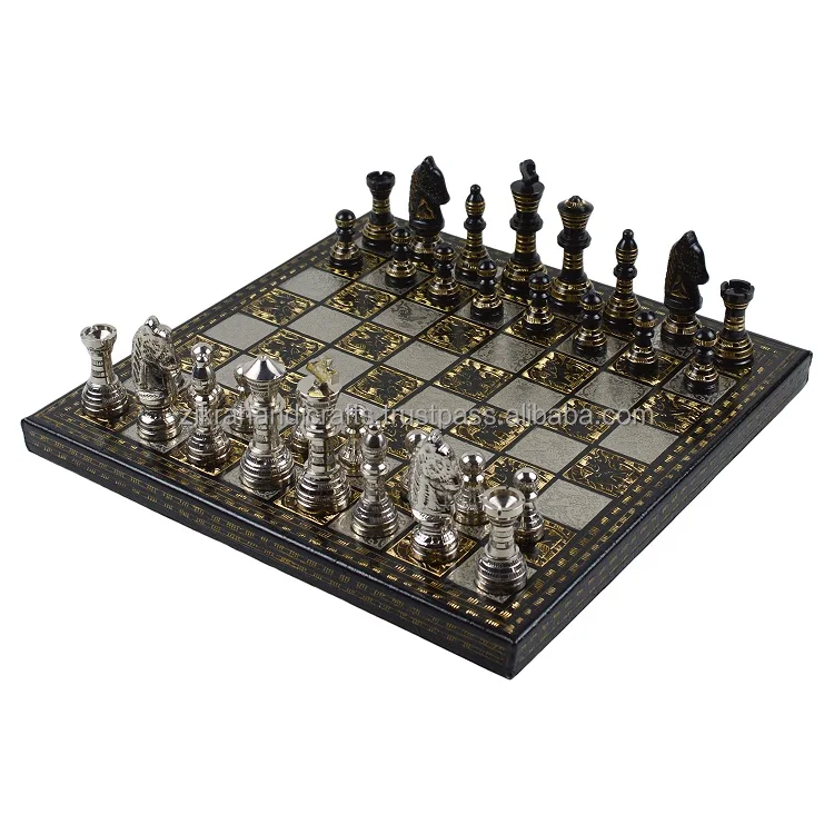 Brass Metal Luxury Chess Pieces & Board Combo Set in Shiny