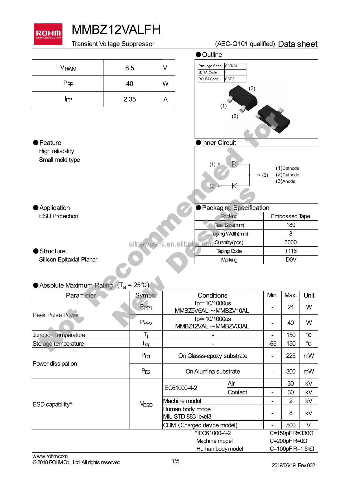 Hot sale Original MMBZ12VALFHT116 TVS DIODE 8.5VWM 17VC SSD3 17V Clamp 2.35A Ipp Tvs Diode Surface Mount