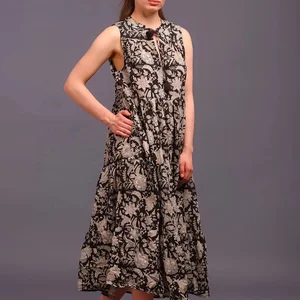 Hand Block Print Women Cotton Tier Dress Mandarin Collar Sleeveless Floral Print Partywear Beachwear Long Maxi Dress