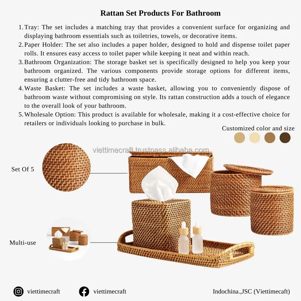 Wholesale Natural Rattan Bathroom Storage Set With Tray,Paper Holder