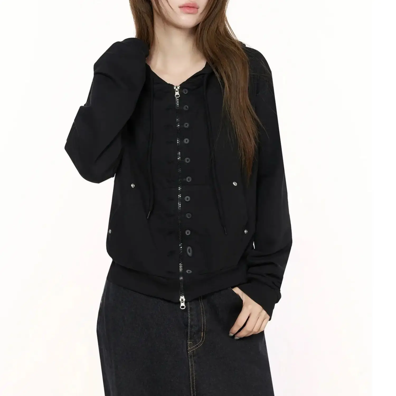 Womens Black Zip Up Hoodie Multi Button Placket Corset Detail Long Sleeve Fleece Jacket Gothic Streetwear Winter Warm Sweatshirt
