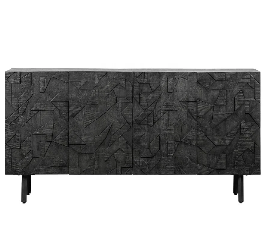 Premium Quality Black Catchy Design Solid Wooden KD Metal Base Storage Shelves Carved Stylish Door Living Room Cabinet Sideboard