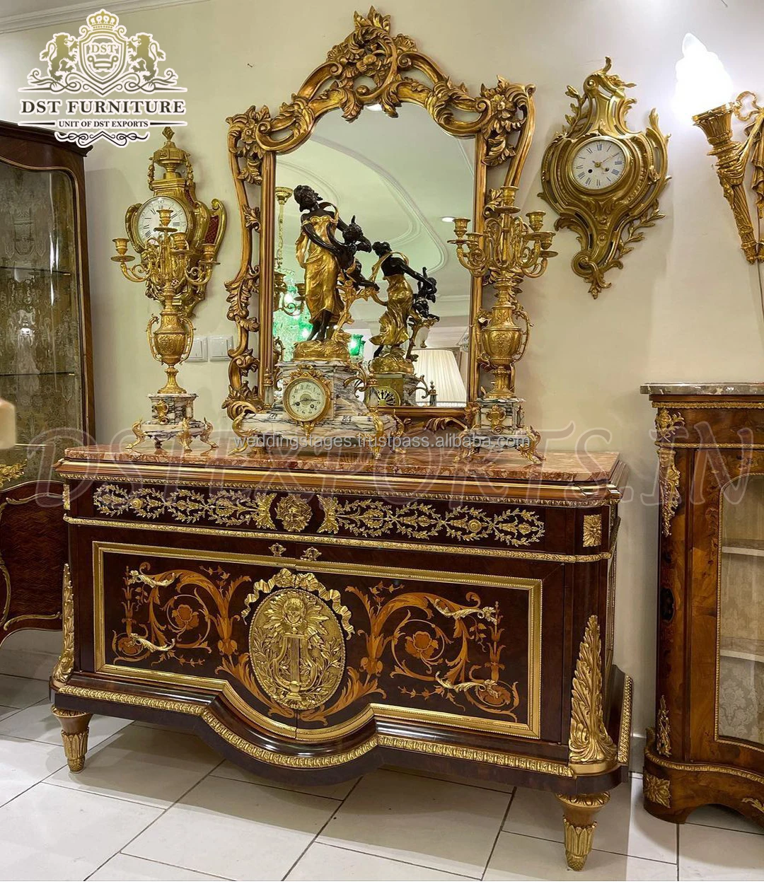 Royal Luxurious Carved Dressing Table & Mirror Royal Mansion Golden Dresser  Table With Mirror High End Golden Carved Dresser USA| Alibaba.com