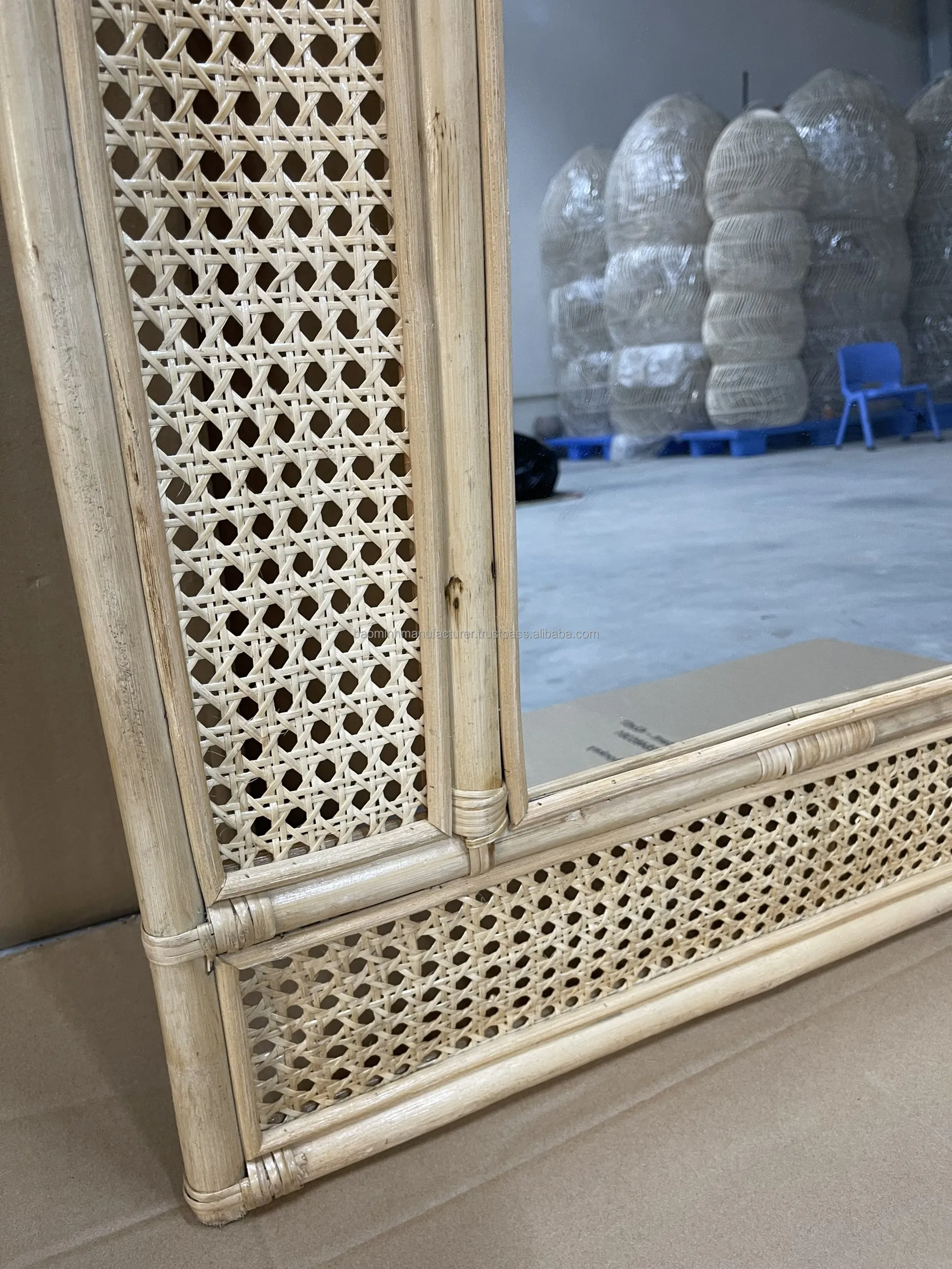 Rattan Arch Mirror With Shelf,Square Knitting Rattan Mirror,Cane