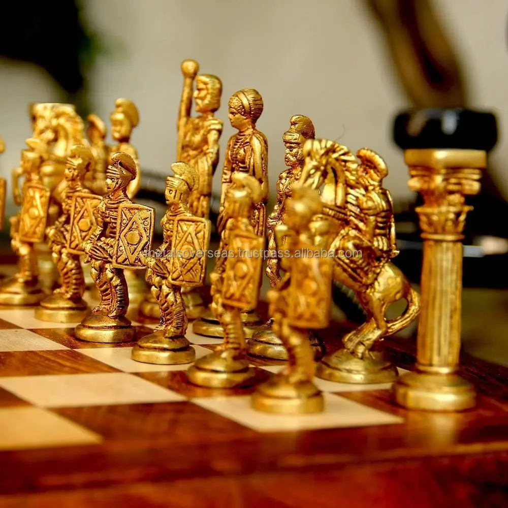 Premium Roman Chess Set with Brass Sculpted Pieces in Ancient Roman Style and Wooden Board for Kids Professionals and Adults