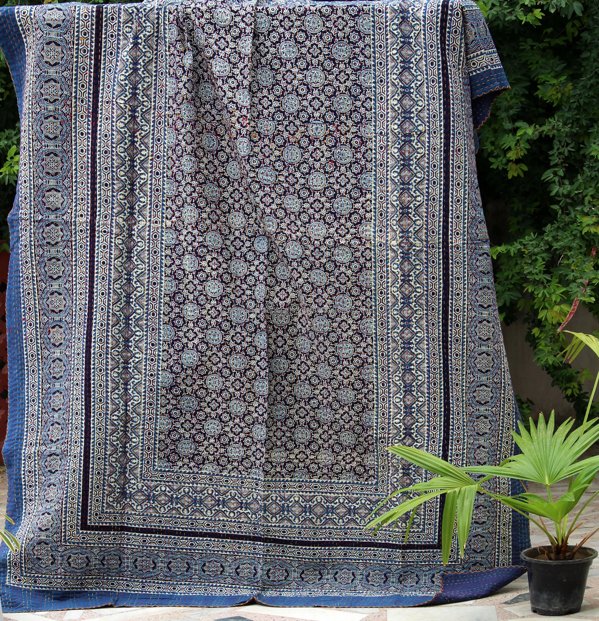 Indian Handmade Ajrakh Print Kantha Quilt,Indian Block Print 