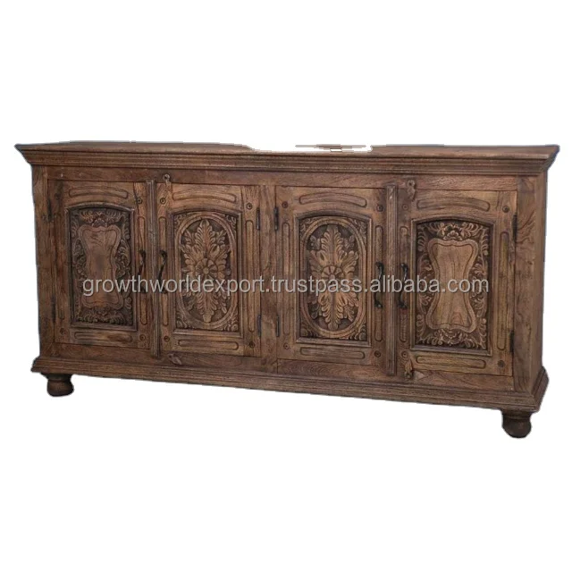 Antique Handmade Wooden Carving Sideboard with 4 Door Vintage Design Brown Finish Furniture Storage Living Room Home Furniture